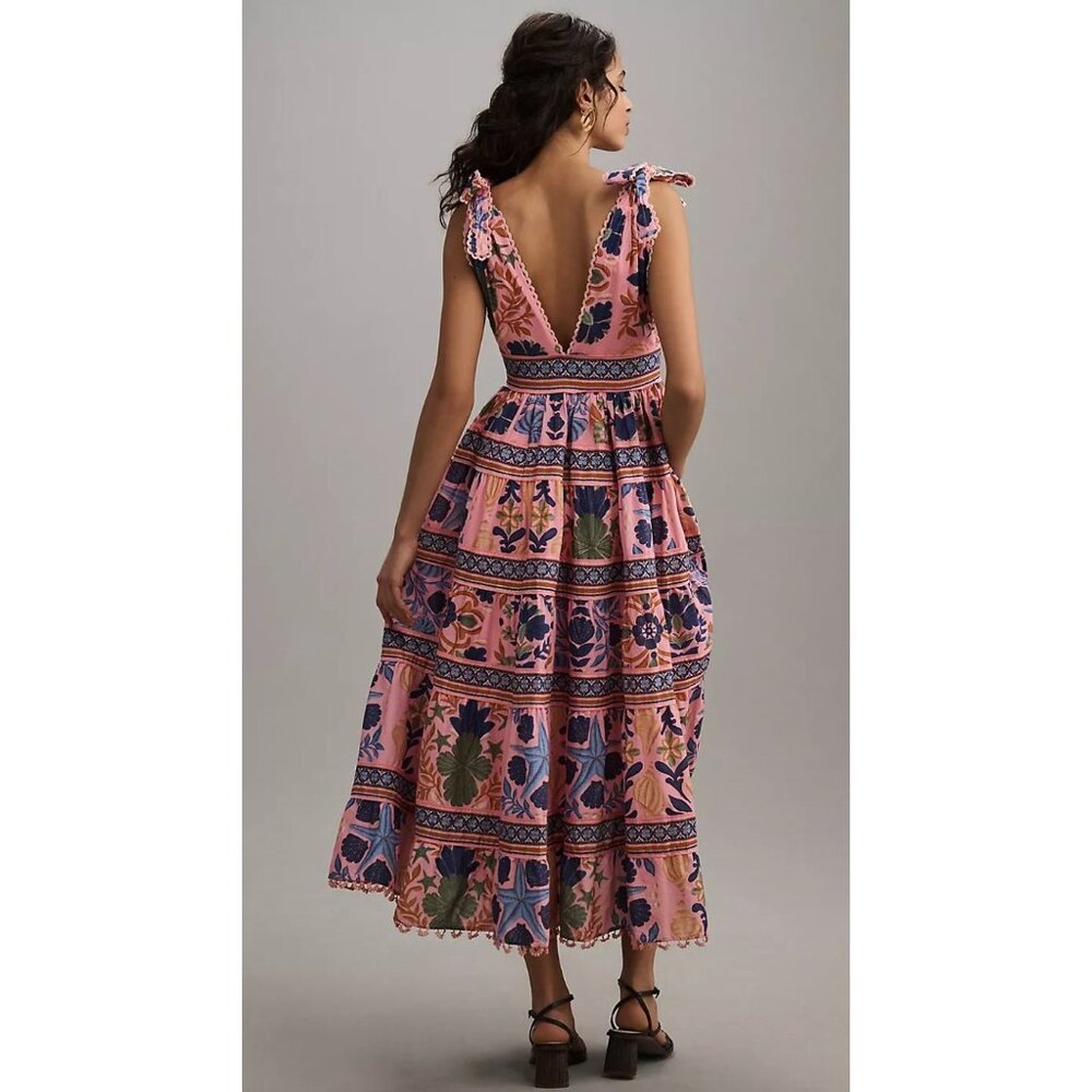 Farm Rio Pink Seashell Tapestry Tropical Tiered Lace Midi Dress Size Small - Picture 4 of 6